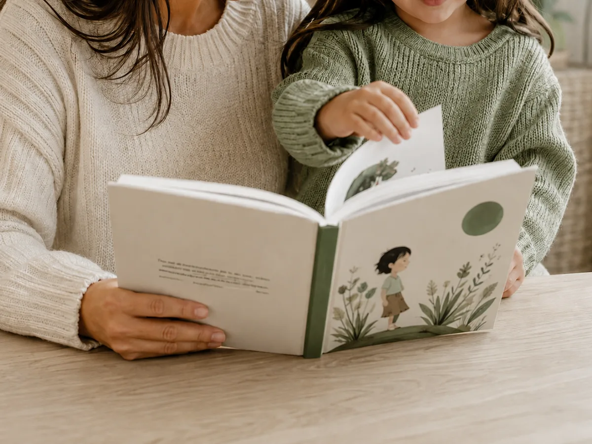Mãe e filha lendo um livro juntas, em momento de conexão e atenção à comunicação da criança